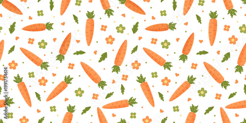 Seamless pattern of orange carrots and flowers. Summer bright background. Vector illustration for packaging, wallpaper and printing.