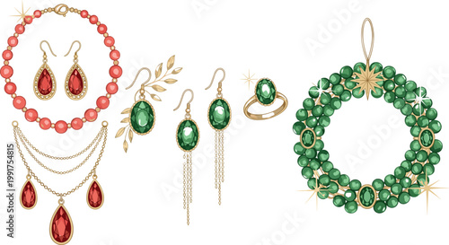 Elegant gemstone jewelry vector set with necklaces earrings rings and emerald wreath luxury fashion accessories illustration collection