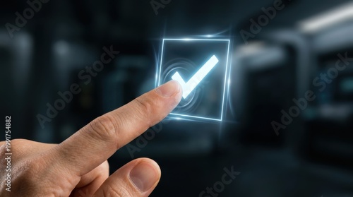 Hand selecting checkmark inside square confirmation box. Digital identity verification concept.