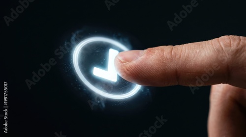 Finger pressing circular confirmation button with checkmark. Digital identity verification concept.