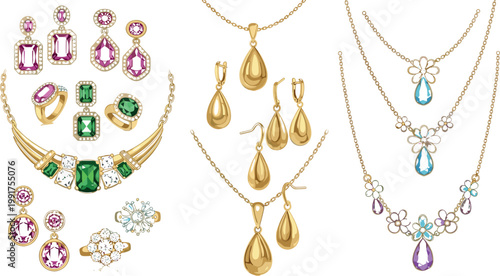 Elegant gemstone jewelry vector set with gold necklaces earrings rings pendants and luxury decorative accessories illustration collection