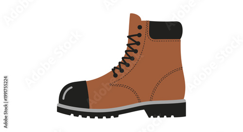 Illustration of a brown leather safety work boot with a reinforced toe cap.
