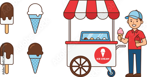 Ice Cream Cart Illustration with Vendor Character, Popsicle and Cone Dessert Icons for Street Food Business, Summer Treats, and Cafe Design