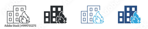 Fire emergency icon set. Building fire concept, city infrastructure with flames, disaster and hazard symbol, vector illustration