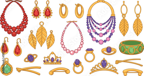 Luxury jewelry vector collection with necklaces rings earrings tiaras bracelets and gemstones elegant fashion accessories illustration set