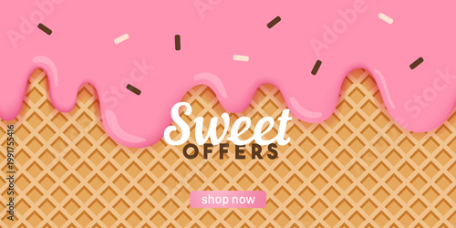 Ice cream sale banner with waffle texture and pink dripping glaze. Modern sweet dessert promotion template with shop now button, perfect for advertising, social media, web headers and summer offers.