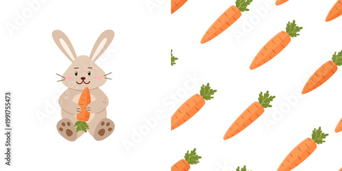 Set of cute cartoon bunny with carrots on a white background and Seamless pattern of orange carrots. Vector illustration for packaging, wallpaper and printing.