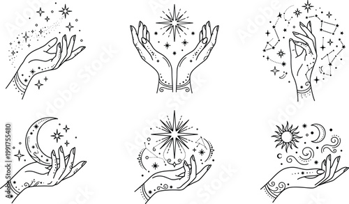 Mystical Hand Magic Illustration Set with Celestial Symbols, Stars, Moon, and Spiritual Energy Elements for Esoteric, Astrology, and Boho Design