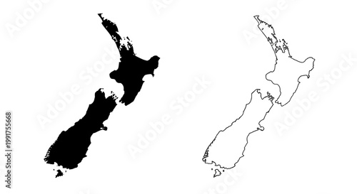 New Zealand Map Silhouette and Outline Vector Illustration