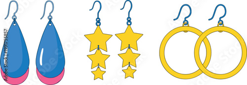 Colorful earrings vector set with teardrop star dangle and hoop jewelry accessories modern fashion illustration collection