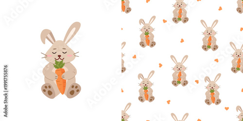 Set of cute cartoon bunny with carrots on a white background and Seamless pattern. Vector illustration for packaging, wallpaper and printing.