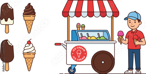 Ice Cream Cart Illustration with Vendor Character, Popsicle and Cone Dessert Icons for Street Food, Summer Treats, and Cafe Menu Design