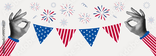 Red, white, and blue banner with 4th of July written across against halftone collage. Independence day greeting card template. Independence Day of America, history, patriotism, holiday