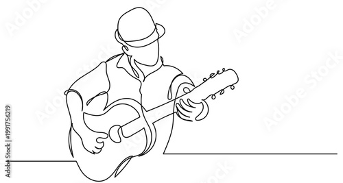  single one-line drawing of a male singer playing guitar and singing into a microphone, continuous line style, rock star and pop music concept vector illustration.