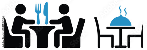 Restaurant dining food service eating meal dinner lunch table chair person people couple icon, modern line and flat icons for cafe, restaurant, and food service concepts including table seating