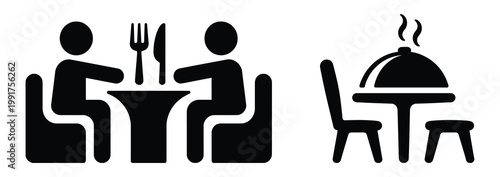 Restaurant dining food service eating meal dinner lunch table chair person people couple icon, collection of dining and hospitality symbols representing restaurant service, eating, seating