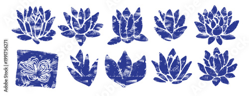 Blue lotus and lily flower set in linocut stamp style. Indigo floral botanical illustration for yoga, zen and meditation. Mediterranean amalfi handdrawn sketch elements on white background
