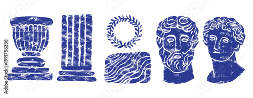 Blue Mediterranean ancient Greek set in linocut style. Ionic columns, laurel wreath, amphora vase, and classical statue heads. Hand-drawn vintage woodcut icons for mythology and antiquity design