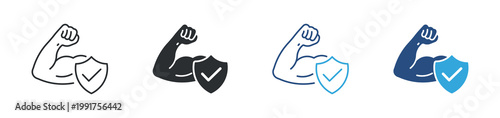 Strength security icon set. Protection power concept, strong arm with shield check mark, safety assurance symbol, vector illustration