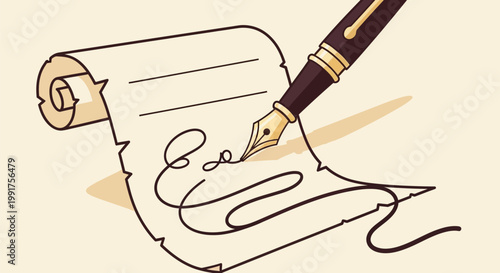Illustration of a fountain pen signing a vintage scroll document.