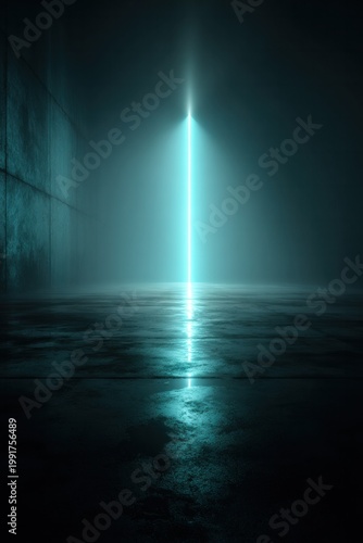 Bright cyan light beam in dark concrete room