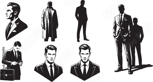 Set of businessman silhouettes and portraits in suits, professional male character collection.