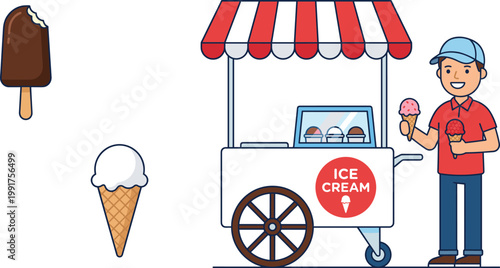 Ice Cream Cart Illustration with Vendor Character, Popsicle and Cone Dessert Icons for Street Food Business, Summer Treats, and Cafe Design