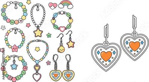 Cute Colorful Jewelry Set with Hearts, Stars, and Smiley Faces for Fashion and Accessory Illustrations