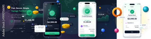 Fintech smartphone payment interface set with transfer confirmation screens, receipt cards, coins, and glowing analytics on dark background.A payment was processed successfully, confirmation shown. ok