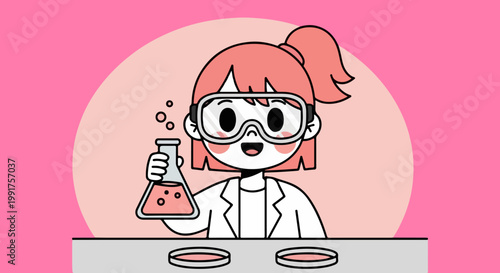 Cute cartoon girl scientist in lab coat and safety goggles, young female chemist holding beaker with liquid, pink aesthetic stem education vector