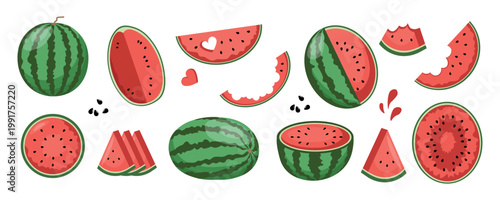 Watermelon collection set with whole fruits slices halves bitten pieces seeds and heart shapes flat design fresh summer fruit isolated on white background