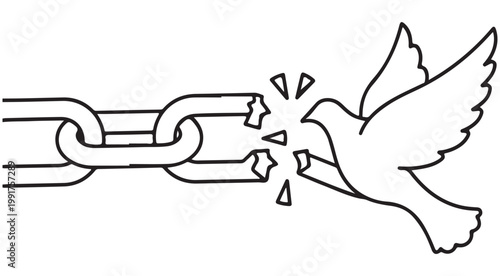 Minimalist line drawing vector illustration of a bird breaking a metal chain symbolizing freedom and liberation