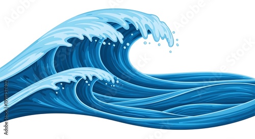 Stylized blue ocean wave graphic illustration with white foam
