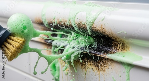 Effective cleaning process with green foam and brush removing dirt from surface. Cleaning involves scrubbing grime and built-up stains with vibrant foam,