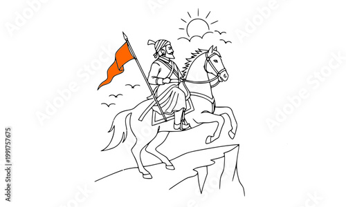 Line art outline illustration of Chhatrapati Shivaji Maharaj in royal armor on rearing white horse holding saffron flag with shining sun for Shiv Jayanti poster on white background
