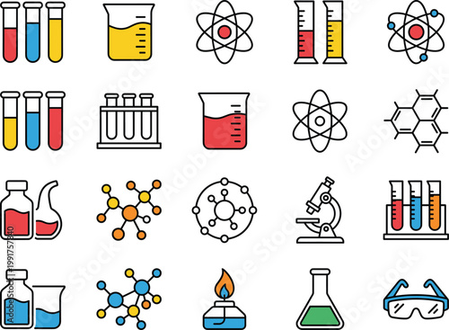 Science laboratory icons set with chemistry equipment molecules and experiments cartoon vector illustration