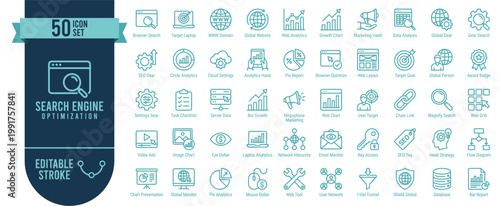 SEO and Digital Marketing Analytics 50 Line Icons Set - Search Engine Optimization Rank Tracking and Web Traffic Analysis Editable Stroke Vector