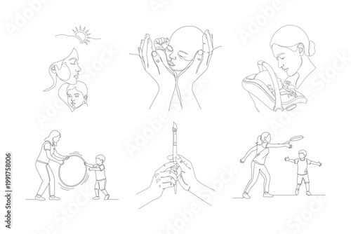 Artistic depiction of mother nurturing baby in careful hands symbolizing protection and gentle love one line art.