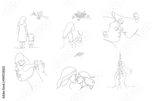 Two women sharing intimate moment in line art style representing love connection and sisterhood gentle feminine beauty.