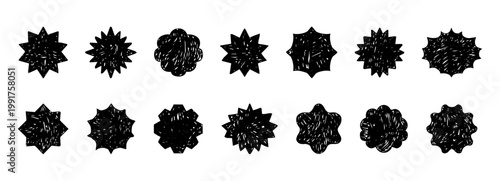 Starburst labels, price tags crayon silhouette scribble texture, discount badge set. Sale circle sticker. Wavy, scallop edge promo blank. 