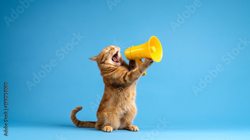 Cat Communicating with Megaphone A vibrant image of a playful cat using a yellow megaphone against a bright blue backdrop, embodies the themes of communication and announcement. 