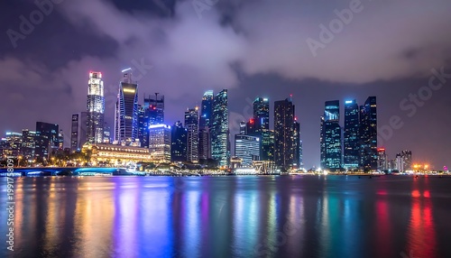A city skyline at night with colorful lights reflecting on water