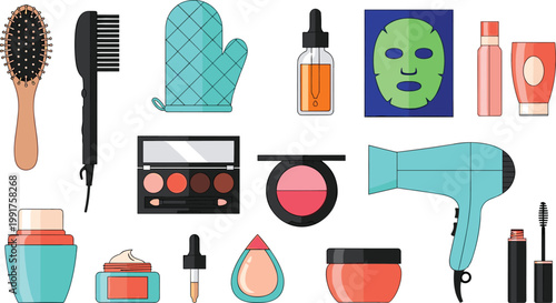 Beauty and skincare products set with makeup cosmetics tools and personal care items cartoon vector illustration