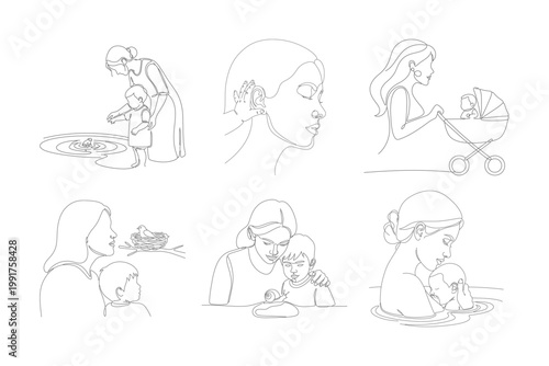 Continuous line drawings of a mother and child playing in water, a woman's profile, and a mother with a baby in a stroller.