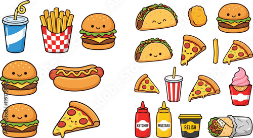 Fast Food Illustration Set with Burger, Fries, Hot Dog, Pizza, Taco, and Soft Drink Icons for Restaurant Menu and Street Food Design
