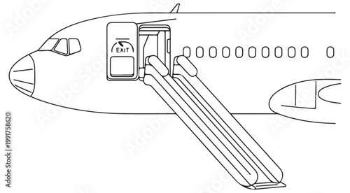 Airplane emergency evacuation slide deployed from open exit door line art vector illustration for coloring book