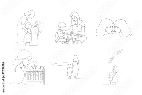 Continuous line art of mother and child smelling flower and playing with blocks and looking at rainbow and watching daughter walking away.