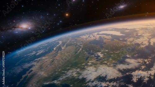 Highly detailed rotating planet Earth animation from space showcasing a beautiful sunrise world skyline, best for environmental documentaries.