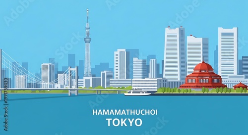 Tokyo Skyline Illustration with Bridge and Famous City Landmarks