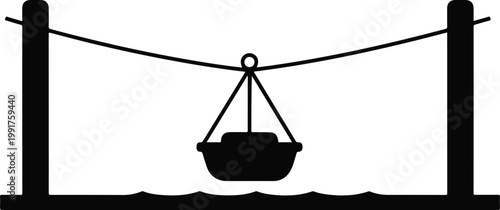 Black and White Silhouette of Aerial Cableway Transport and Maritime Cargo Suspension System